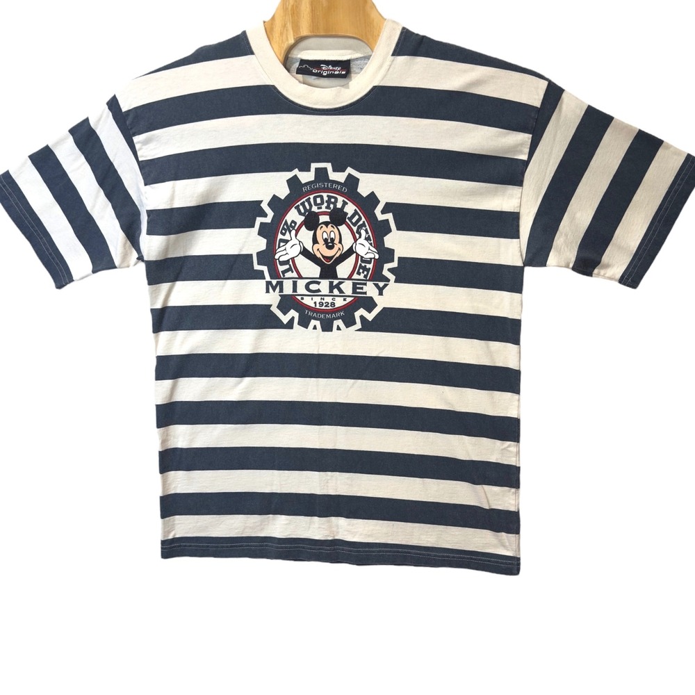 VTG 90s Disney Mickey Gear Tee L XL Unisex Grunge Stripe USA Faded Black White